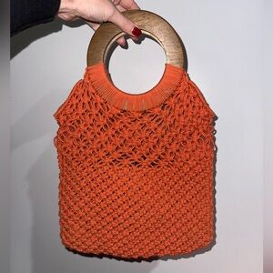 Orange Knit Handbag with Wooden Handles